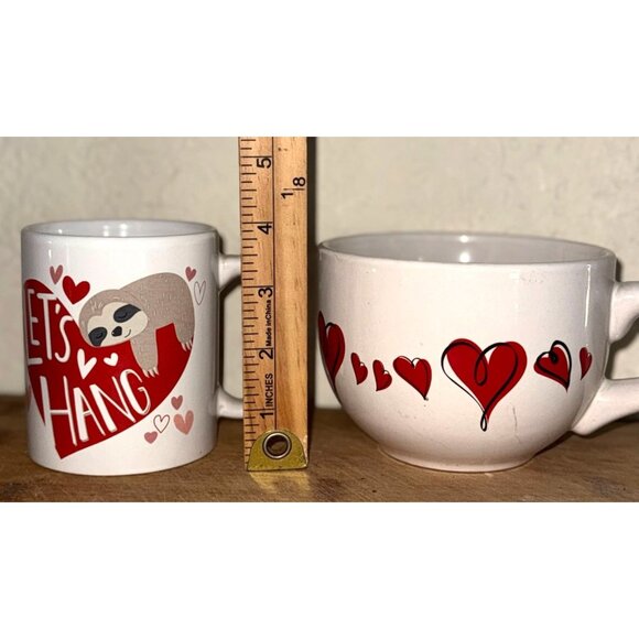 "Lets Hang" Heart Mug & Bowl Set With Sloth Design - Red & White Ceramic - Picture 3 of 5
